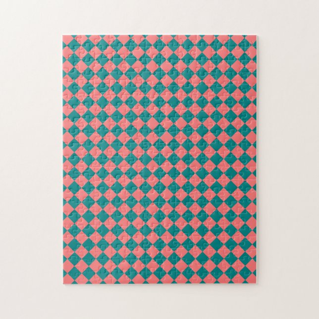 Pink Cyan Chequered Diamond Pattern Jigsaw Puzzle (Vertical)