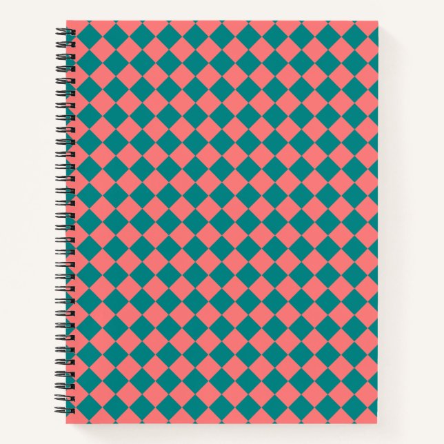 Pink Cyan Chequered Diamond Pattern Notebook (Front)
