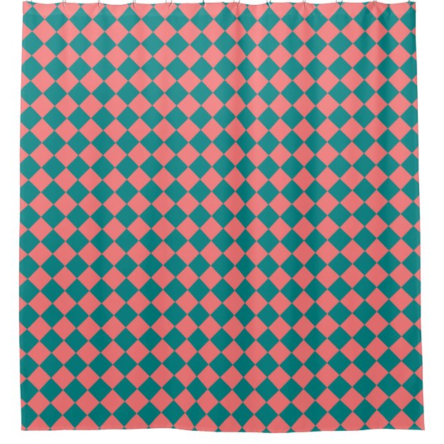 Pink Cyan Chequered Diamond Pattern Shower Curtain (Front)