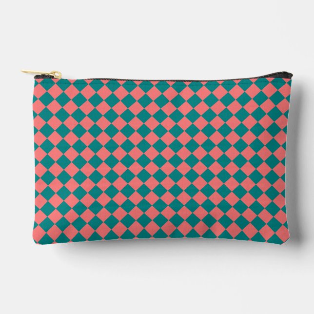 Pink Cyan Chequered Diamond Pattern Small Accessory Pouch (Front)