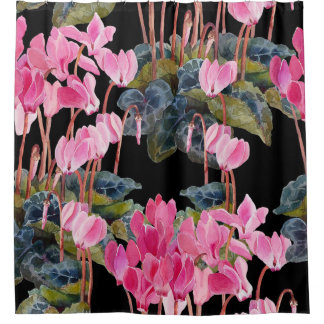 Pink Cyclamen: Dark Floral Watercolor Shower Curtain