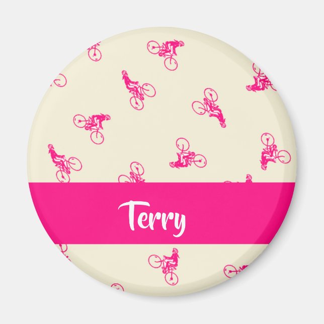 Pink cyclist silhouette pattern magnet (Front)