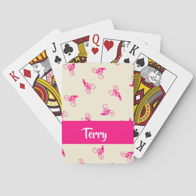 Pink cyclist silhouette pattern playing cards (Back)