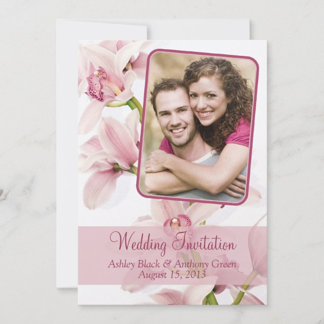 Pink Cymbidium Orchid Photo Wedding Invitation (Front)