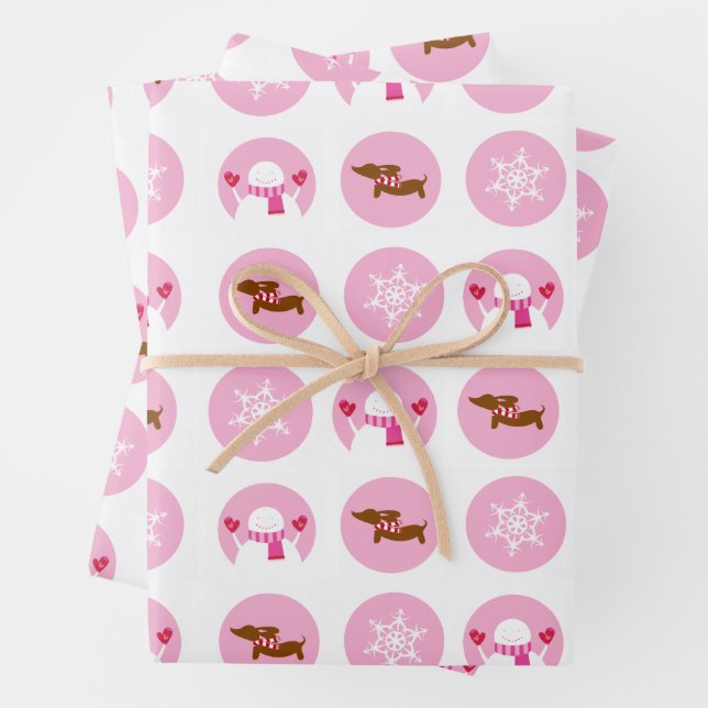 Pink Dachshund Snowflake Snowman Christmas Gift  Wrapping Paper Sheet (In situ)