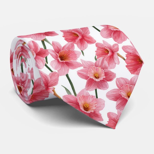 Pink Daffodil Floral Pattern Tie (Rolled)