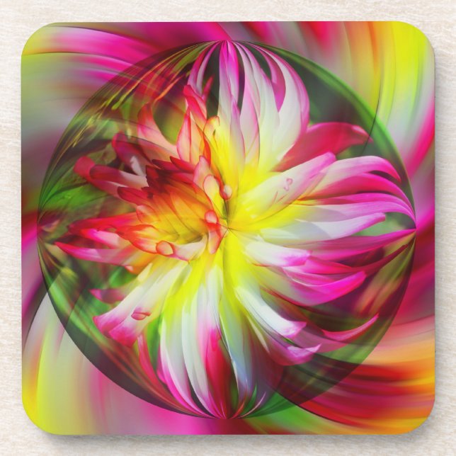 Pink Dahlia Abstract Floral Art Coaster Set (Front)