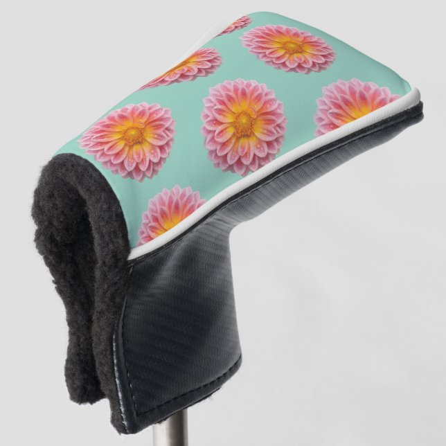 Pink Dahlia and Dew Drops Golf Head Cover (3/4 Front)