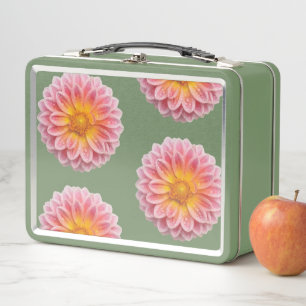 Pink Dahlia and Dew Drops Metal Lunch Box