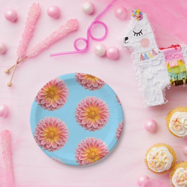 Pink Dahlia and Dew Drops Paper Plate (Party)