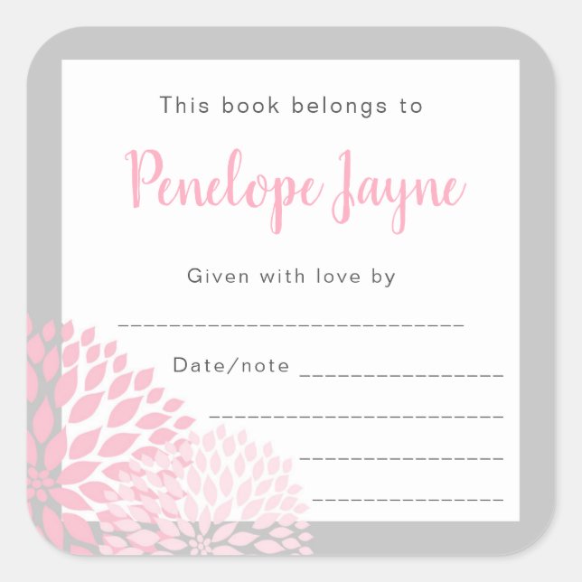 Pink Dahlia Baby Shower Bookplate Square Sticker (Front)