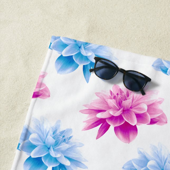 Pink Dahlia, Blue Dahla, Floral Pattern, Flowers Beach Towel (In Situ)
