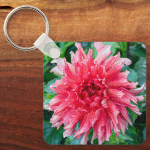 Pink Dahlia, Dramatic Ruffled Flower Key Ring