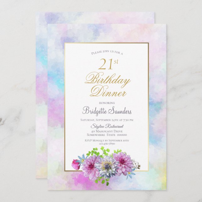 Pink Dahlia Floral 21st Birthday Party Invitation (Front/Back)