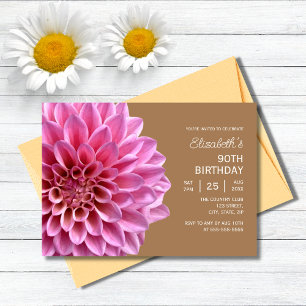 Pink Dahlia Floral Copper 90th Birthday Invitation