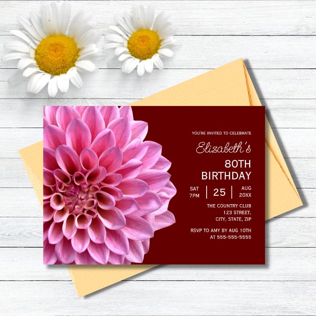 Pink Dahlia Floral Fall Burgundy 80th Birthday  Invitation (Creator Uploaded)