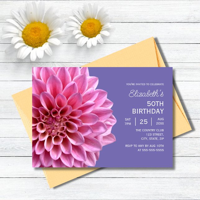 Pink Dahlia Floral Lavender Purple 50th Birthday  Invitation (Creator Uploaded)