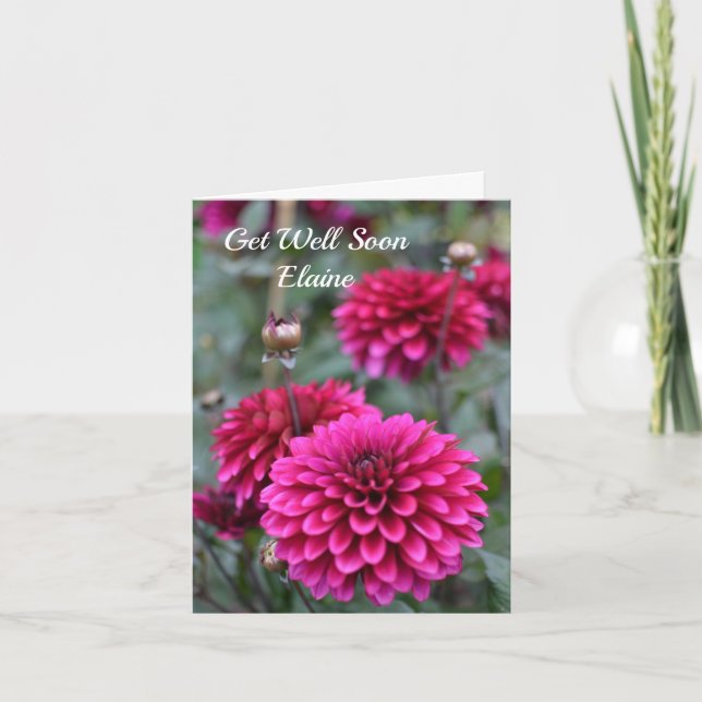 Pink Dahlia Floral Photo Personal Get Well Soon Card (Front)