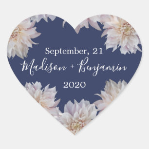 Pink Dahlia Flower Navy Blue Wedding Date Heart Sticker