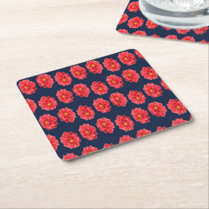 Pink dahlia flower on blue square paper coaster