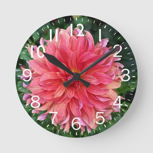 Pink Dahlia Flower Round Clock (Front)