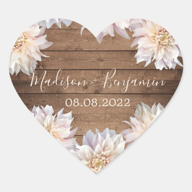 Pink Dahlia Flower Rustic Wood Wedding Date Heart  Sticker (Front)