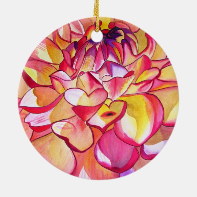Pink Dahlia flower watercolour fine art Ceramic Ornament (Back)