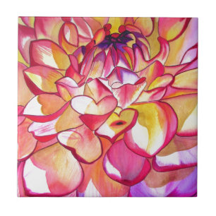 Pink Dahlia flower watercolour fine art Ceramic Tile