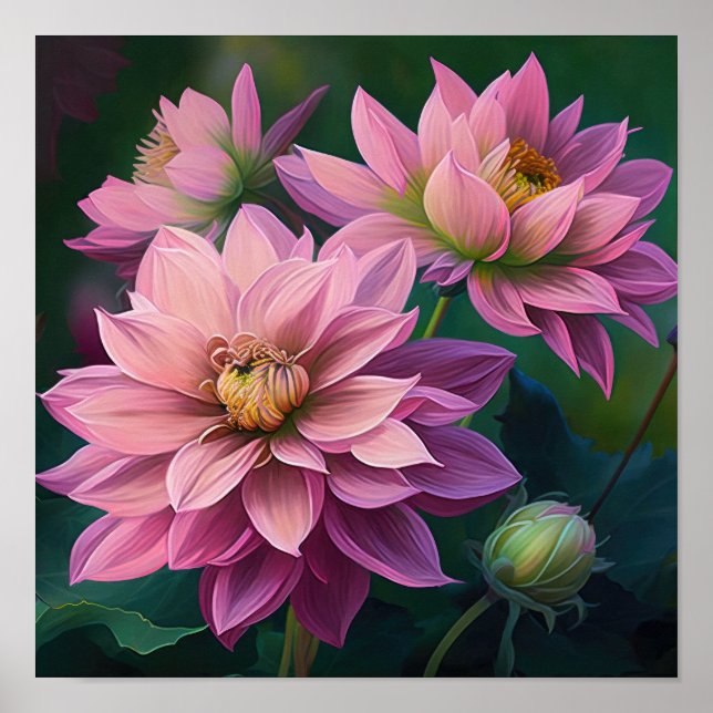 Pink Dahlia Flowers Art Print Poster (Front)
