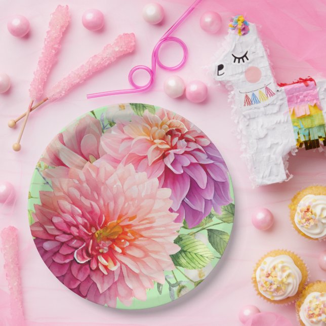 Pink Dahlia Flowers Paper Plate (Party)