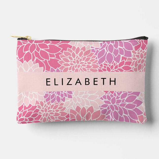 Pink Dahlia Flowers, Pattern Of Flowers, Your Name Accessory Pouch (Front)