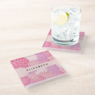 Pink Dahlia Flowers, Pattern Of Flowers, Your Name Glass Coaster