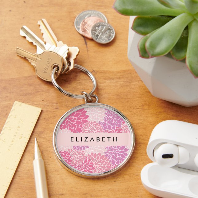 Pink Dahlia Flowers, Pattern Of Flowers, Your Name Key Ring (Desk)