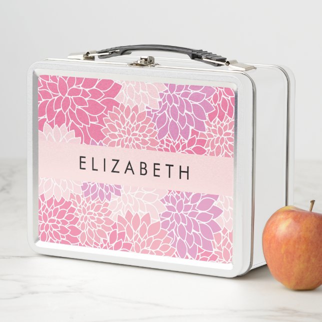 Pink Dahlia Flowers, Pattern Of Flowers, Your Name Metal Lunch Box (In Situ)