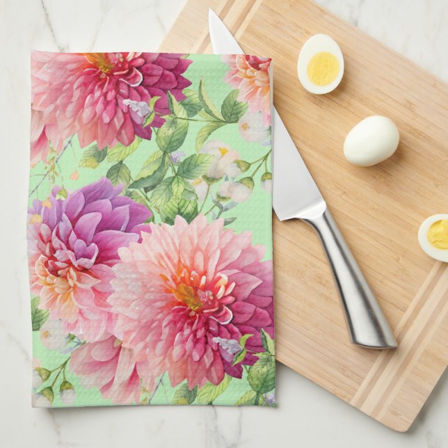 Pink Dahlia Flowers Tea Towel (Quarter Fold)