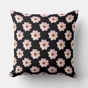 Pink Dahlia Pattern - Full Colour on Black Cushion