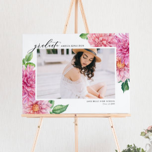 Pink Dahlia Watercolor Botanical Graduation Photo Poster