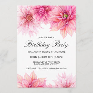 Pink Dahlia Watercolor Floral Birthday Party Invitation