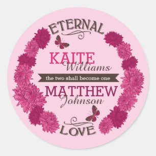 Pink Dahlia Wreath Modern Floral Wedding Label