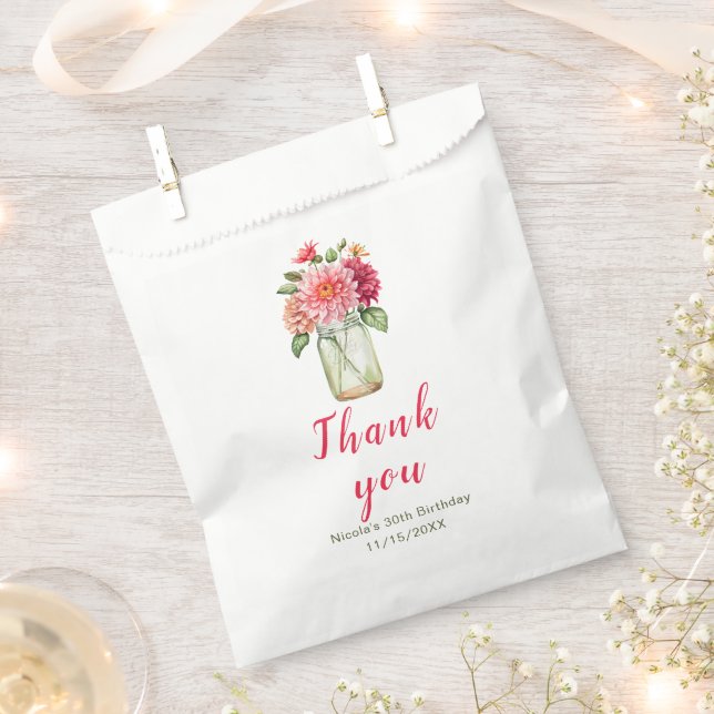 Pink Dahlias Mason Jar Birthday Party Favour Bag (Clipped)