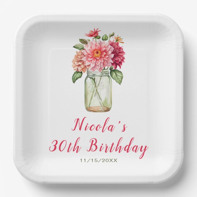 Pink Dahlias Mason Jar Birthday Party Paper Plate (Front)