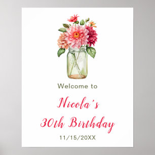 Pink Dahlias Mason Jar Birthday Party Welcome Poster