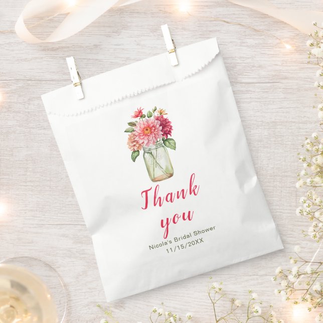 Pink Dahlias Mason Jar Bridal Shower Favour Bag (Clipped)