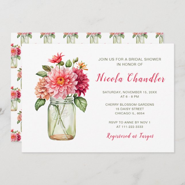 Pink Dahlias Mason Jar Bridal Shower Invitation (Front/Back)