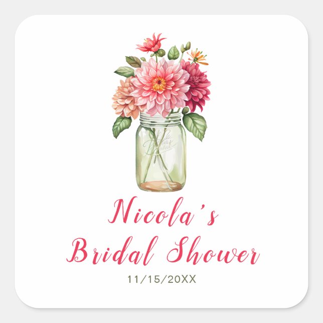 Pink Dahlias Mason Jar Bridal Shower Square Sticker (Front)