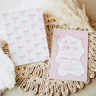 Pink dainty bow wavy frame girl baby shower invitation