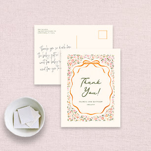Pink Dainty Flowers and Orange Bow Thank You Postcard
