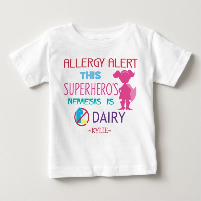 Pink Dairy Allergy Alert Superhero Girls Baby T-Shirt (Front)