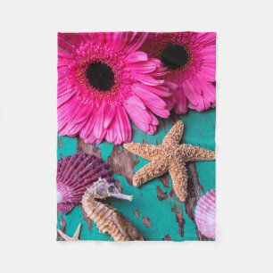 Pink Daises And Seahorse With Starfish Fleece Blanket