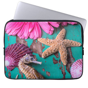 Pink Daises And Seahorse With Starfish Laptop Sleeve
